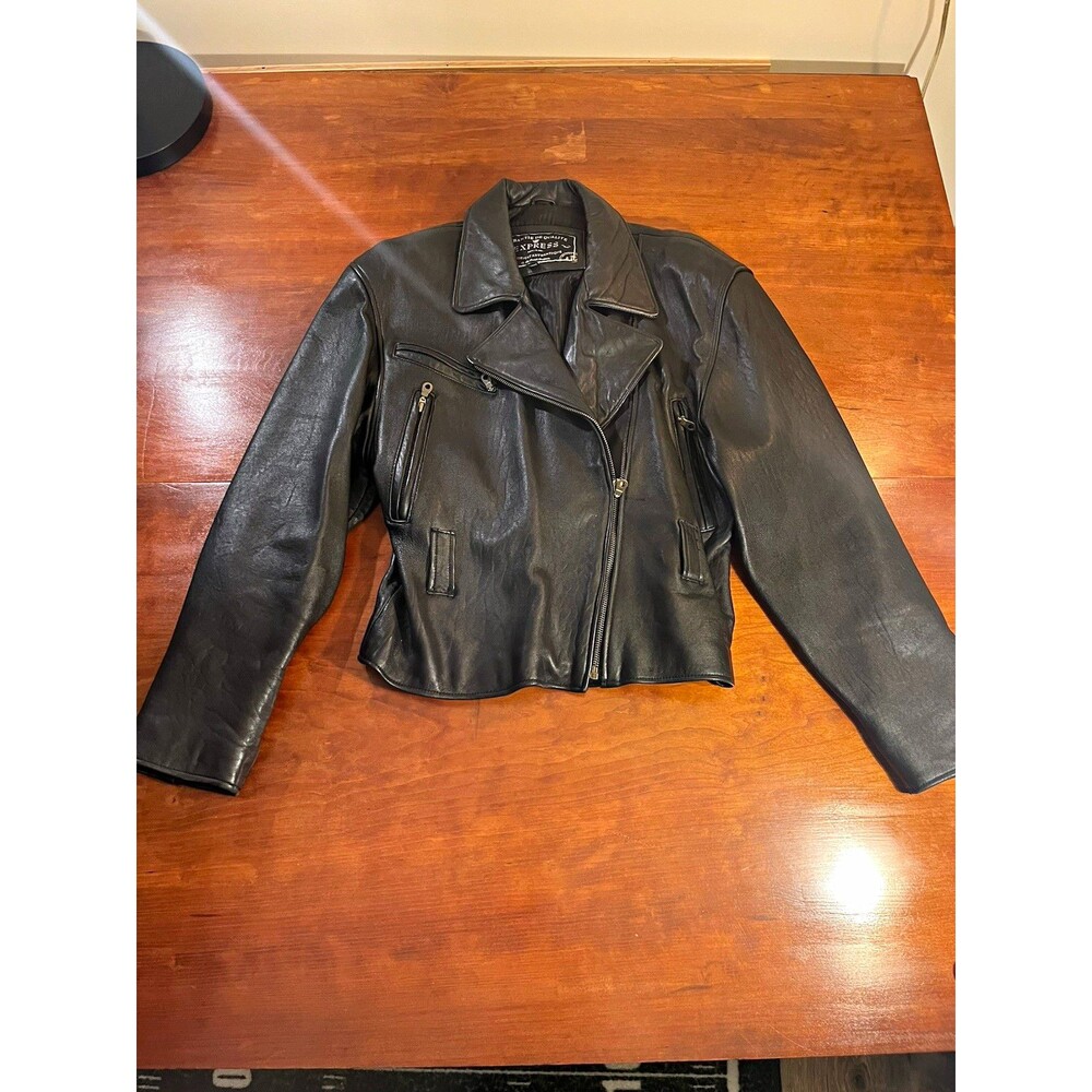 Vintage Express Women’s Black Genuine Leather Biker Jacket Full Zip Lined Size M